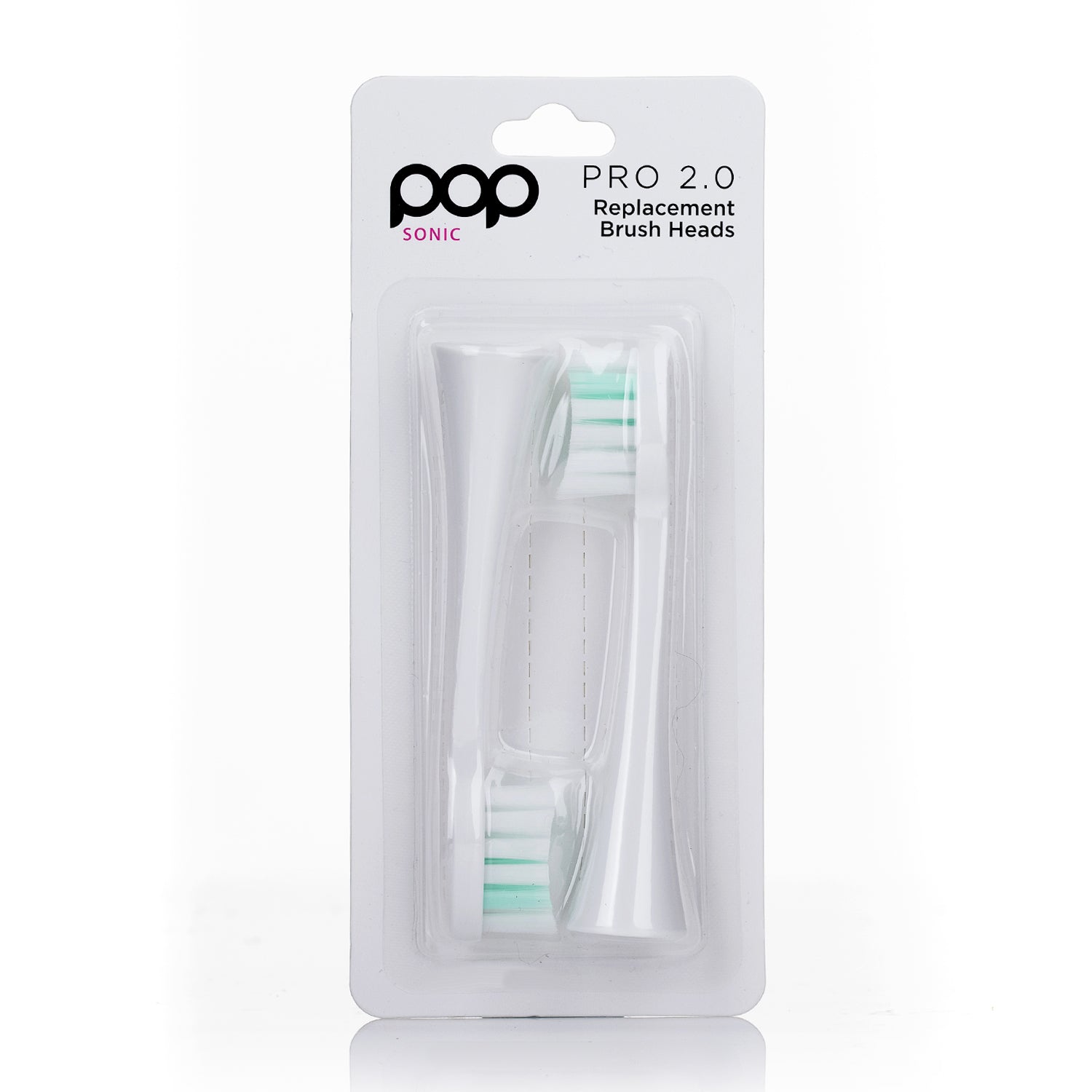 Packaged replacement brush heads for POP Sonic Pro 2.0 on a white background
