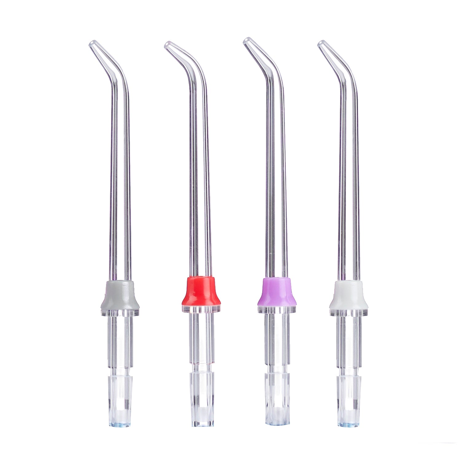 Set of four dental water flosser nozzles with different colored tips on a white background