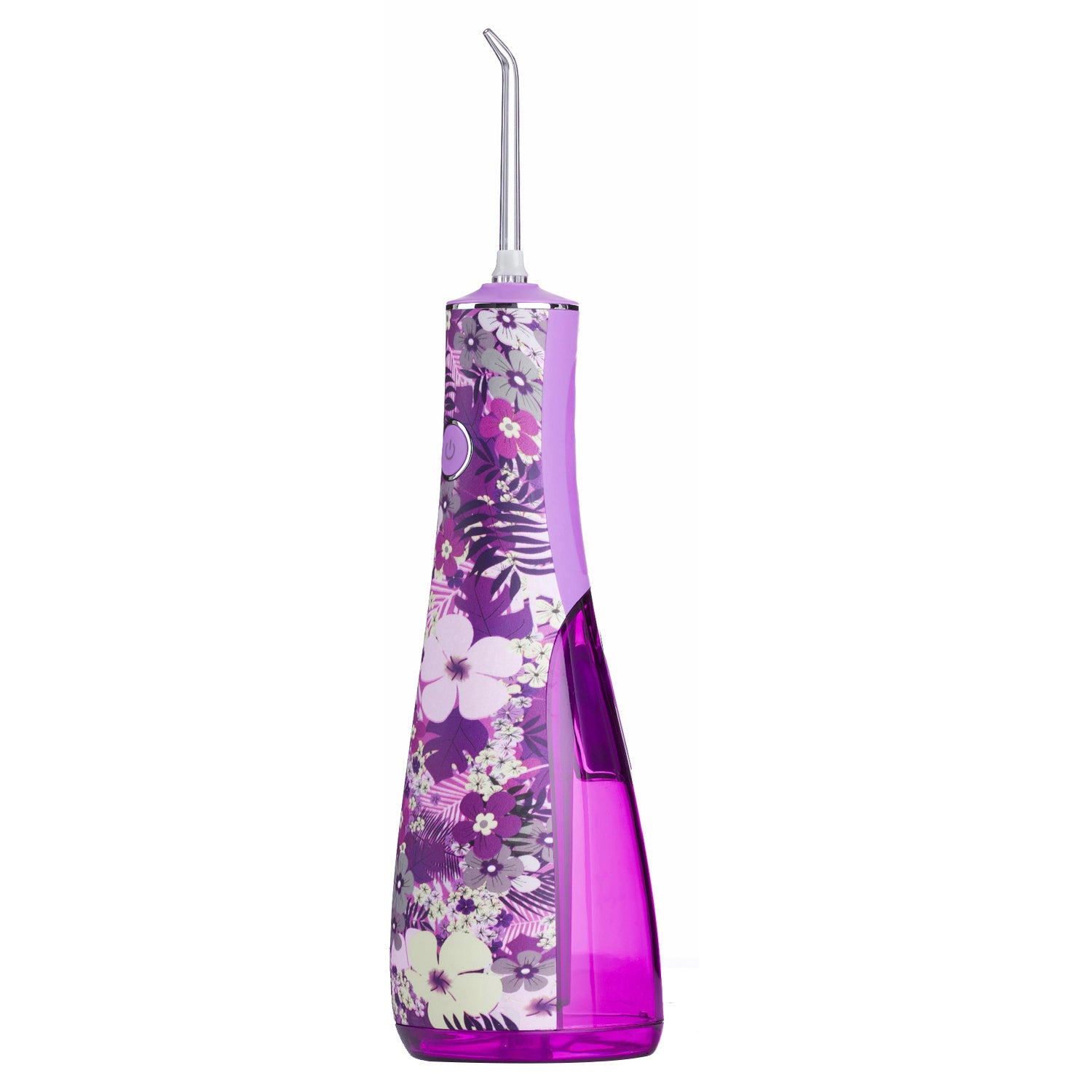 Purple floral-patterned water flosser on a white background