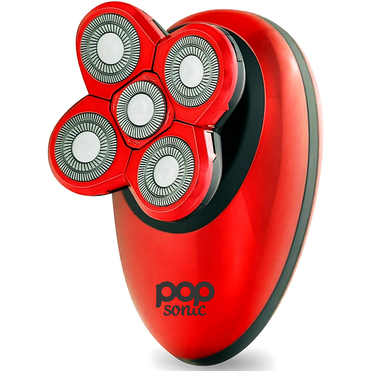 Red electric shaver with multiple heads on a white background, featuring the brand &