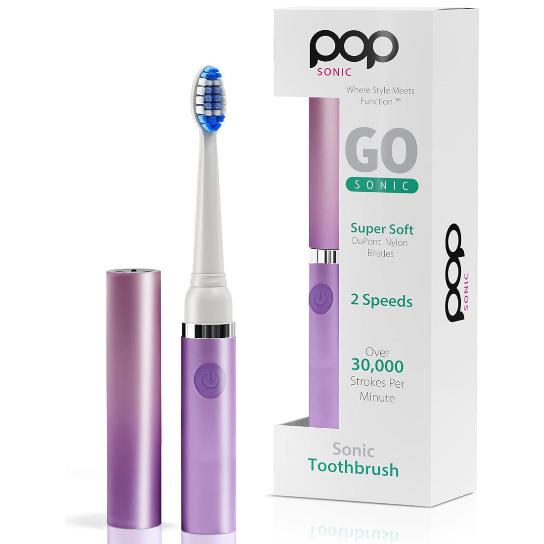 Purple ombre sonic toothbrush with packaging on a white background