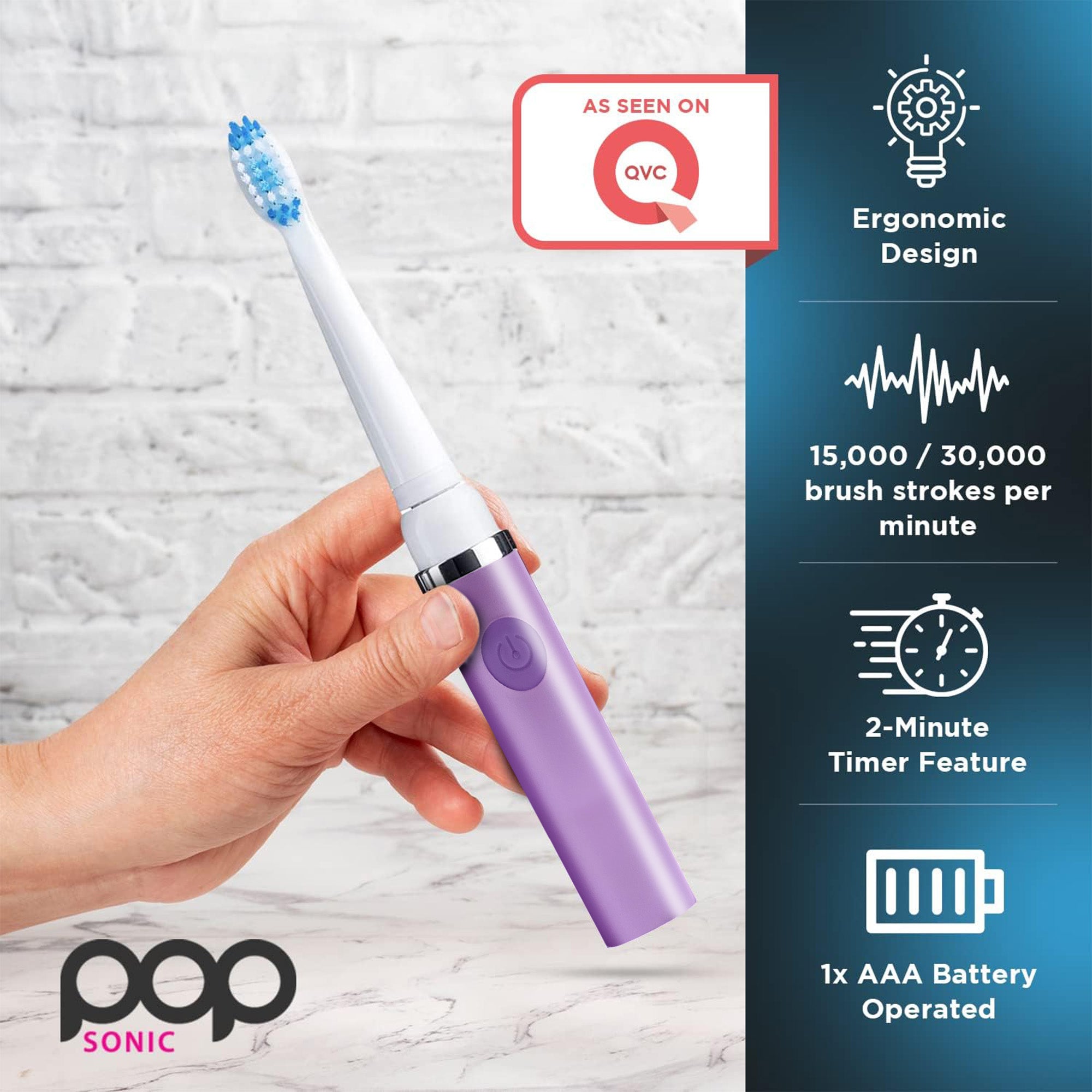 Purple ombre electric toothbrush held by a hand with product features on the right: ergonomic design, 15,000-30,000 brush strokes per minute, 2-minute timer feature, and 1x AAA battery operated.