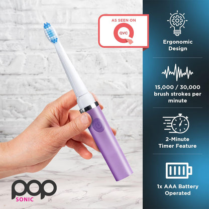 Purple ombre electric toothbrush held by a hand with product features on the right: ergonomic design, 15,000-30,000 brush strokes per minute, 2-minute timer feature, and 1x AAA battery operated.