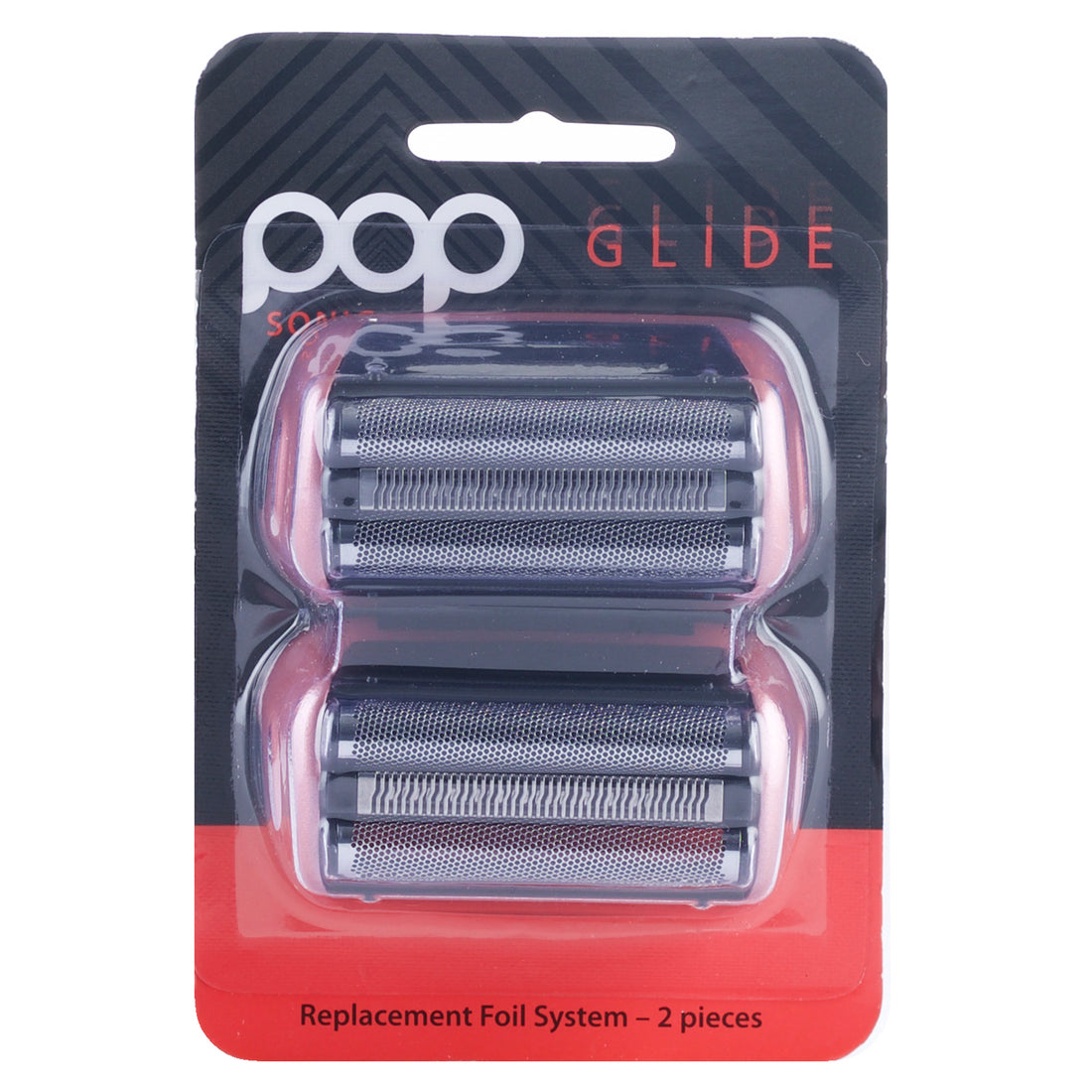 Pack of Pop Glide replacement foil heads in red on a white background