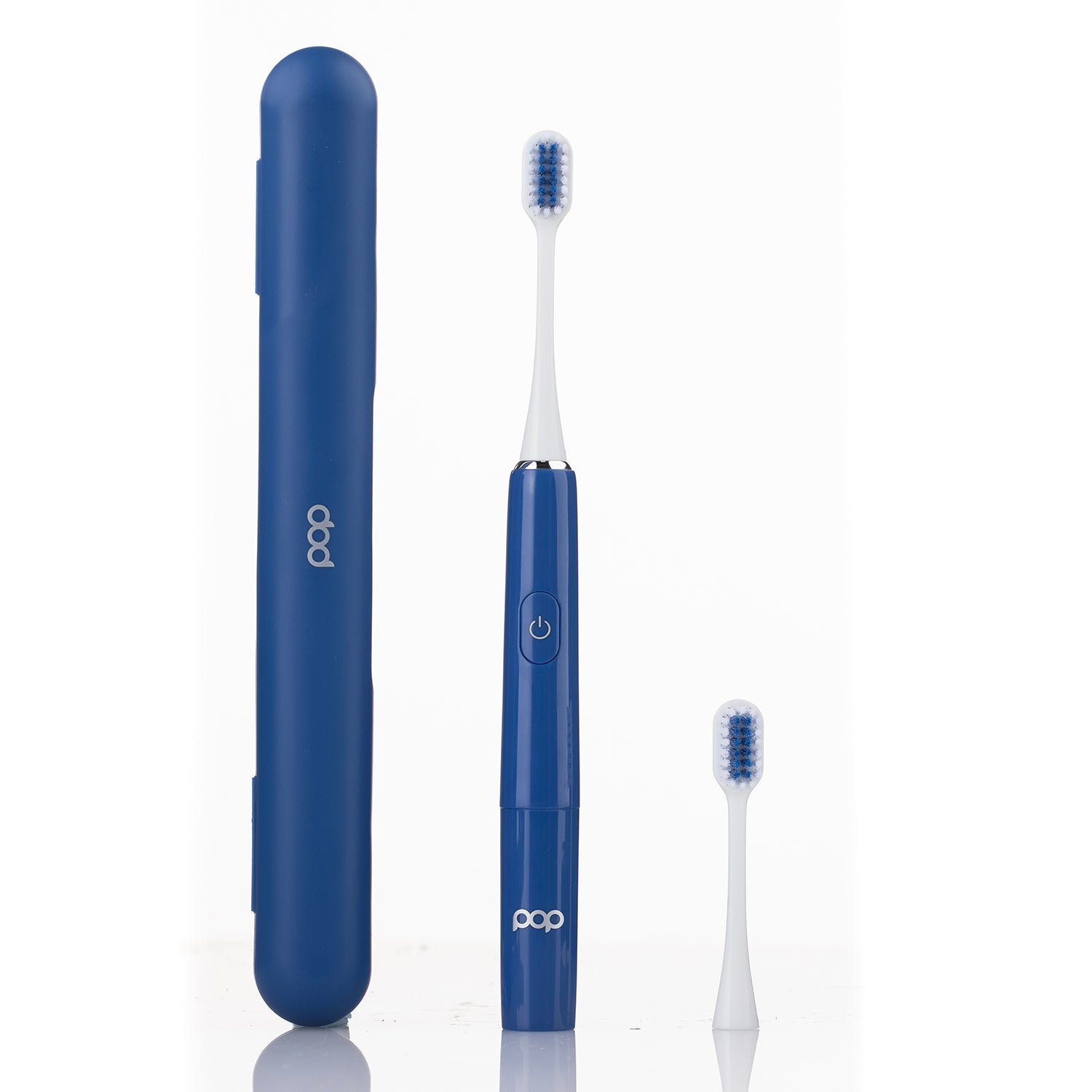 Blue electric toothbrush with charging case on a white background