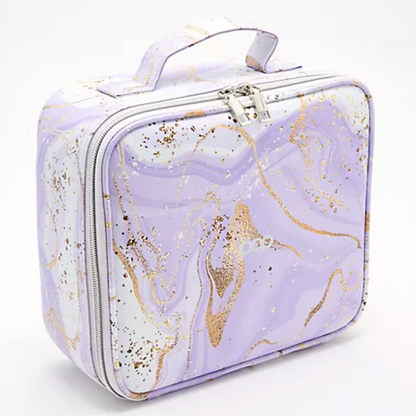 LED Makeup and Nailcare Cosmetic Case in Marble Purple, zipped up and closed, white background