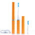 Orange electric toothbrush with white handle and blue bristles on a white background