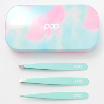 Image of the Pastel Tweezer Kit closed, with the 3 tweezers displayed outside of the case, all with a white background